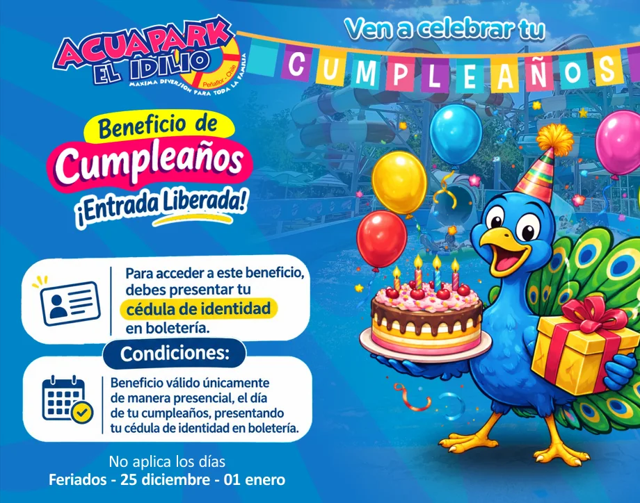 Beneficio de cumpleaños: entrada liberada presentando tu cédula de identidad en boletería. No aplica en feriados, el 25 de diciembre ni el 1 de enero.