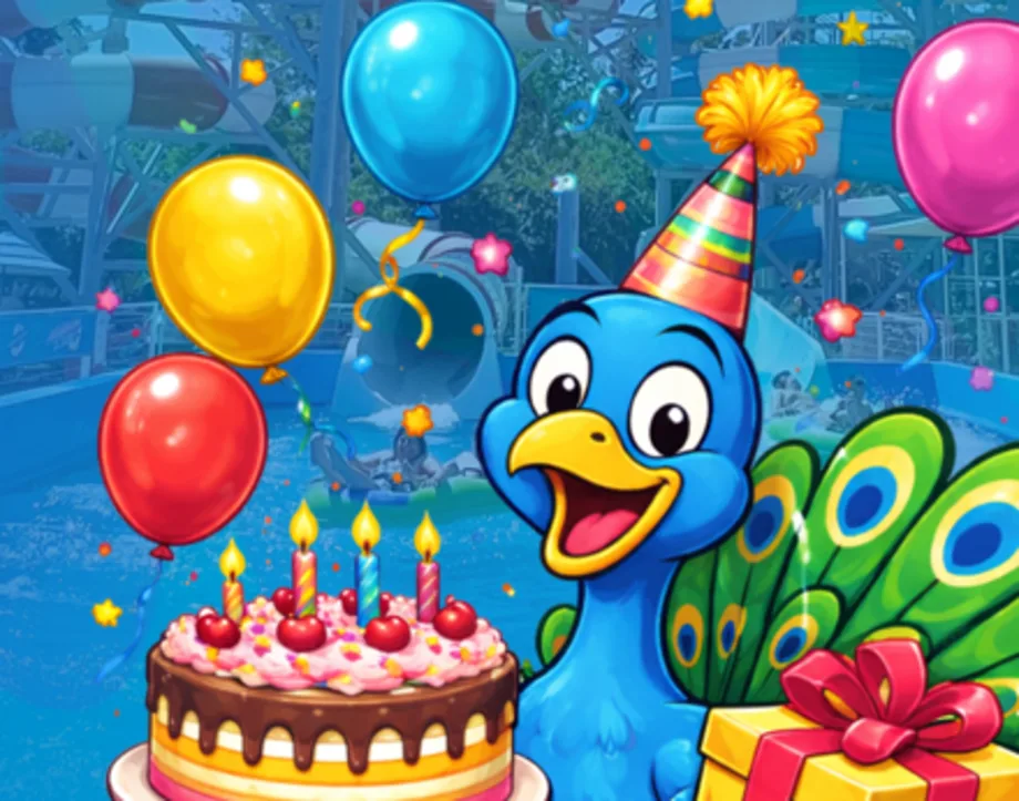 El pavo real de Acuapark con gorro de fiesta, una torta de cumpleaños y globos